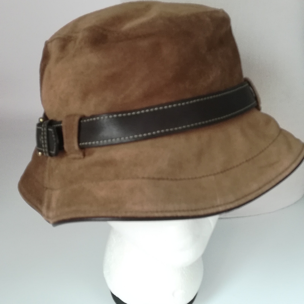 Coach Brown Suede Bucket Hat with Dark Brown Leather Band